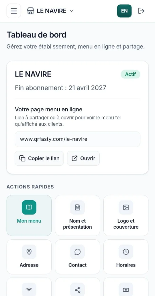 Lien du menu en ligne, raccourcis et suivi de l'abonnement.